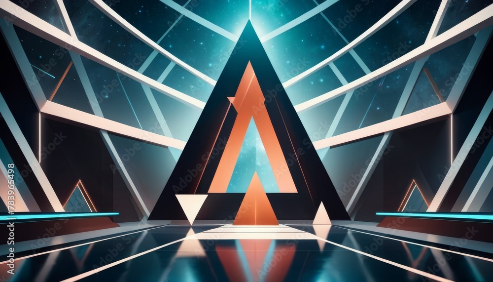Poster a sleek, modern structure of illuminated triangles in an abstract space, suggesting technological ad