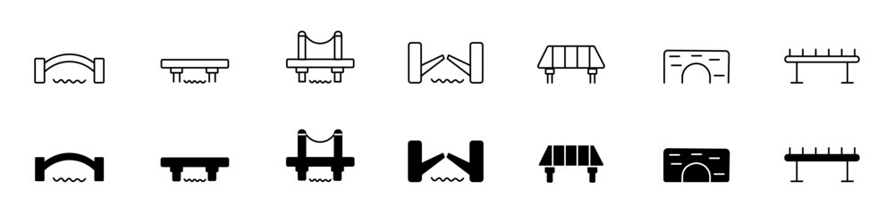 Bridge icons, viaduct arches over river bridges, vector symbols. Construction outlines of the suspension bridge Bridge vector icons. Bridge in black and linear style - obrazy, fototapety, plakaty