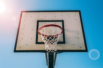 Vivid outdoor basketball hoop under clear blue sky with sunlight