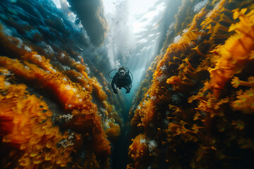 A diver exploring a colorful underwater canyon filled with exotic fish. Scuba diver explores electric blue seaweed tunnel in ocean forest - Powered by Adobe