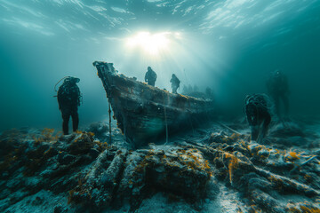 A team of marine archaeologists excavating a ancient shipwreck site. People by boat in ocean, enjoying underwater landscape