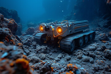 An underwater robot retrieving samples from the ocean floor for analysis. A vehicle hovers above a rocky ocean reef with automotive lighting