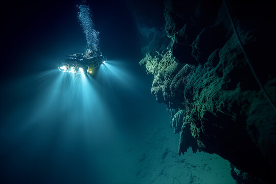An underwater robot exploring hydrothermal vents on the ocean floor. A submarine is submerged underwater in the azure darkness of the ocean at night