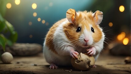 A fat hamster putting nuts and seeds into its cheeks 