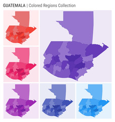 Guatemala map collection. Country shape with colored regions. Deep Purple, Red, Pink, Purple, Indigo, Blue color palettes. Border of Guatemala with provinces for your infographic. Vector illustration.