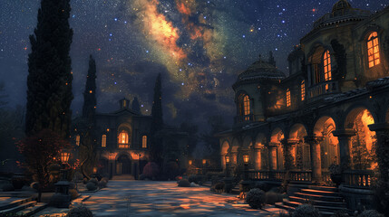 A digital rendition of a grand medieval palace courtyard, adorned with intricate antique pillars under a starlit sky-1