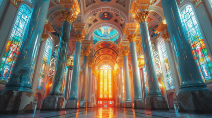 Fototapeta premium A grand hall illuminated by the soft glow filtering through intricate stained glass windows, highlighting the ancient pillars adorned with delicate carvings and ornate designs