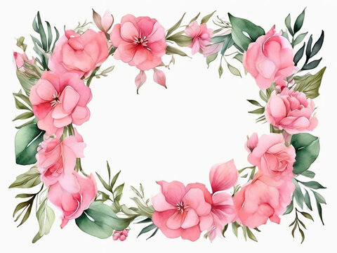 Bouquet frame made of pink watercolor flowers and green leaves wedding and greeting illustration