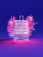 Fluorescent summer travel background. Luggage and travel accessories made of glass on vibrant purple background with palm leaf decoration. 3D Rendering, 3D Illustration - 783968015