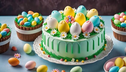 An eye-catching Easter cake decorated with colorful egg-shaped candies on top, presented on a white lace doily amidst mini cupcakes and scattered eggs.. AI Generation - obrazy, fototapety, plakaty