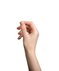 Hand holding something, fingers in tiny thin gesture, isolated on white background, transparent png
