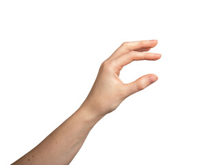 Hand gesture, thumb and index finger showing something small, little, isolated on white