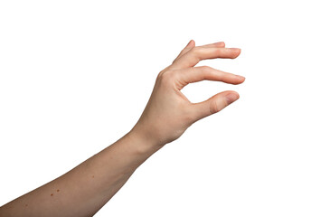 Hand gesture, fingers showing something, holding something small, little, tiny isolated on white - obrazy, fototapety, plakaty