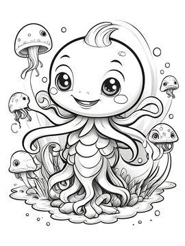 Octopus coloring page  coloring drawing white background, white color ai generated 