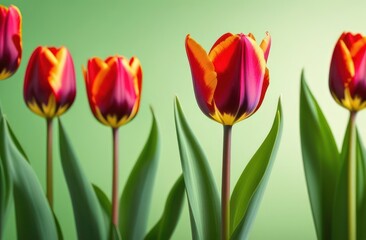 Naklejka premium Beautiful background of fresh flowers red tulips. Colorful tulip flowers decoration. Greeting card for spring holidays. Template for Birthday, Women's Day, Mother's Day. Floral picture.