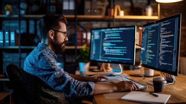 A software developer works on code late into the night, illuminated by the glow of multiple computer screens in a modern office. AIG41
