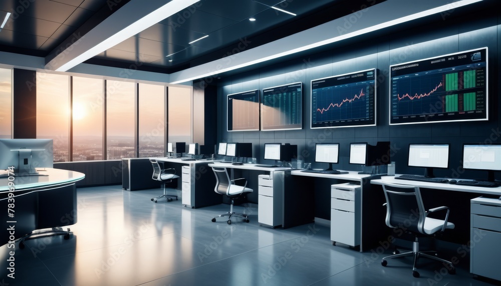 Poster a panoramic view of a modern trading office at dusk with multiple workstations, state-of-the-art com