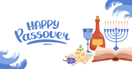 Happy Passover greeting web banner. Jewish celebration background. Seder plate, matzah, egg, salad. Hand drawn lettering. Horizontal Backdrop postcard, poster. Vector flat illustration.