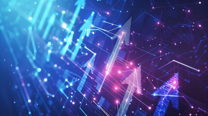 Digital bunch of glowing arrows up diagonally. Abstract boosting conception of high-speed Internet connection. Light low poly wireframe vector illustration on technology blue background