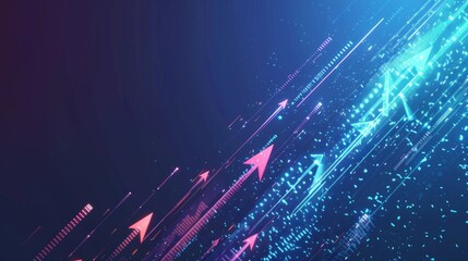 Digital bunch of glowing arrows up diagonally. Abstract boosting conception of high-speed Internet connection. Light low poly wireframe vector illustration on technology blue background