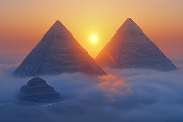 Majestic pyramids rise against the desert sunset, shrouded in the secrets of ancient times