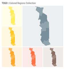 Togo map collection. Country shape with colored regions. Blue Grey, Yellow, Amber, Orange, Deep Orange, Brown color palettes. Border of Togo with provinces for your infographic. Vector illustration.