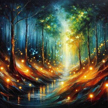 forest scene with luminescent fireflies illuminating a hidden pathway