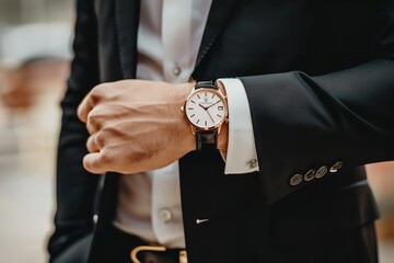 Elegant businessman in a suit in a cropped view, displaying a watch against a blurry backdrop, Generative AI.