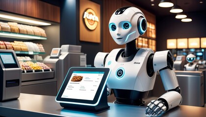 Modern service robot with a digital display serving in a high-tech cafe, illustrating the advancement in hospitality automation.. AI Generation - obrazy, fototapety, plakaty