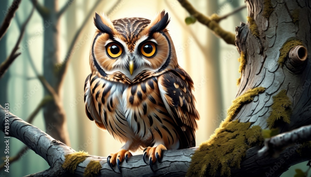 Poster a digital painting of a majestic owl perched on a tree branch in a misty forest setting.. ai generat