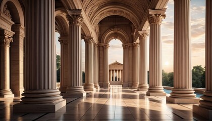 The warm glow of sunset bathes a series of elegant classical columns, highlighting their intricate details and the profound sense of history.. AI Generation