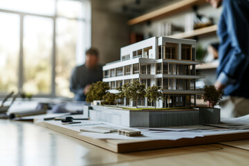 scale model of modern apartment building complex on table in architect office. sustainable housing development