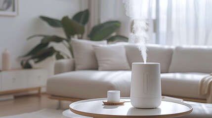 Fototapeta na wymiar modern sleek and minimalist white air purifier on a coffee table in a living room, healthy home
