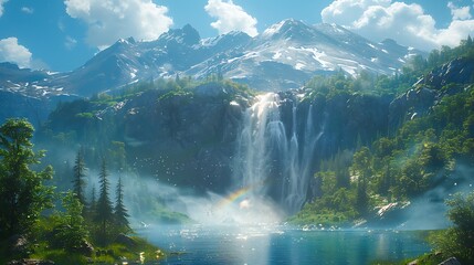 Stand in awe before the towering majesty of a mighty waterfall, where torrents of frothy white water plunge into a churning pool below, sending rainbows dancing through the mist.