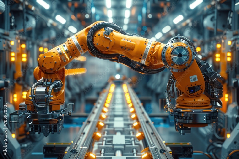 Poster a robotic arm in a factory setting moves along a conveyor belt, performing automated tasks in the ma