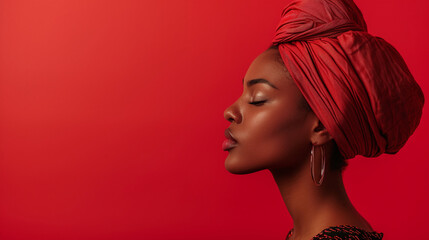 Profile side photo of beautiful afro american lady with closed eyes and turban isolated on red color background with copy space	