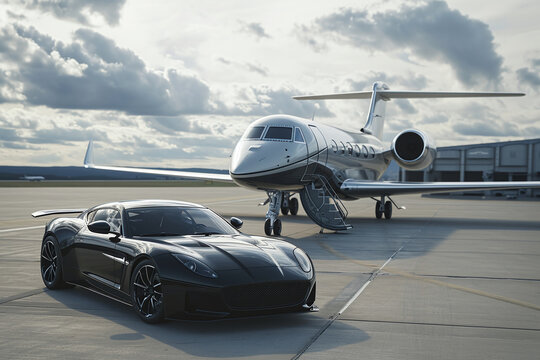 Business private jet airplane parked at terminal and Luxury car, tourism and business travel transportation concept.