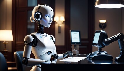 An advanced humanoid robot engaged in paperwork at an elegant office desk, highlighting the intersection of AI and human roles.. AI Generation - obrazy, fototapety, plakaty
