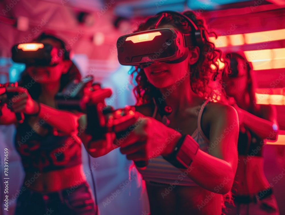 Poster multiple individuals trying out virtual reality headsets in a group setting, engaging with immersive