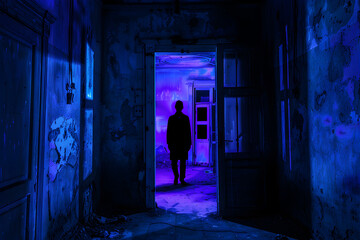Eerie neon silhouette of a lurking figure in an abandoned mansion isolated on black background.