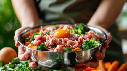 Woman holding a stainless steel dog bowl. Raw chicken feet and neck, carrots, broccoli, raw egg yolk on top. Healthy raw food for dog. Generative ai