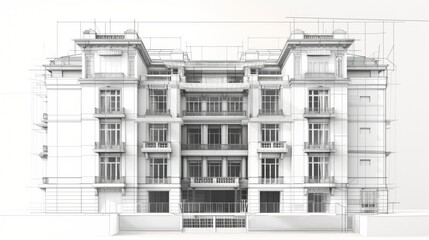 Architectural rendering of a contemporary apartment building with balconies and trees in a monochromatic scheme.