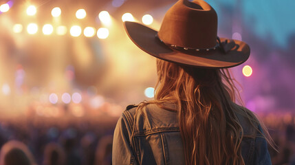 Young American woman fan of country music attending a country music concert. Back view of a woman...