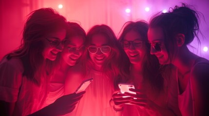 Group of teenage girls friends holding mobile phones watching video, chatting, communication online. Technology addiction, social media concept. Gen Alpha kids. Generative ai