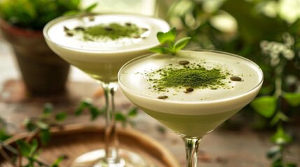 Creamy matcha martini - Matchatini, trendy cold summer cocktail. Matcha cocktails in martini glasses with green matcha powder. Generative ai - obrazy, fototapety, plakaty