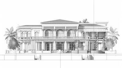 Architectural rendering of a contemporary apartment building with balconies and trees in a monochromatic scheme.