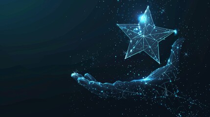 Digital star in abstract hand. Success concept. Low poly wireframe vector illustration with 3D effect in futuristic hologram blue style on technology background. Monochrome light