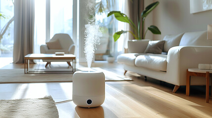 Fototapeta premium modern sleek and minimalist white air purifier on the floor in a living room, healthy home