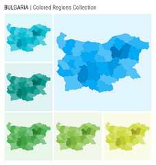 Bulgaria map collection. Country shape with colored regions. Light Blue, Cyan, Teal, Green, Light Green, Lime color palettes. Border of Bulgaria with provinces for your infographic.