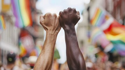 Two men protest with their fists raised on gay pride day